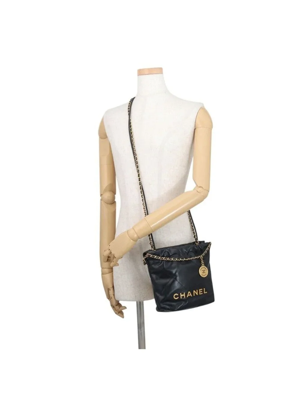 Chanel Handbag 22 Mini CC Logo Shiny Calf Leather 2-Way Shoulder Black